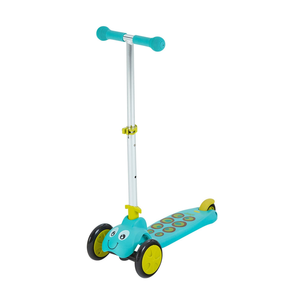 The TP Toys Scootiebug Splodge Foldable Ride On Scooter is a blue and yellow 3-wheel scooter for kids with a smiling face, patterned footboard, and sturdy design—perfect for fun toddler adventures.