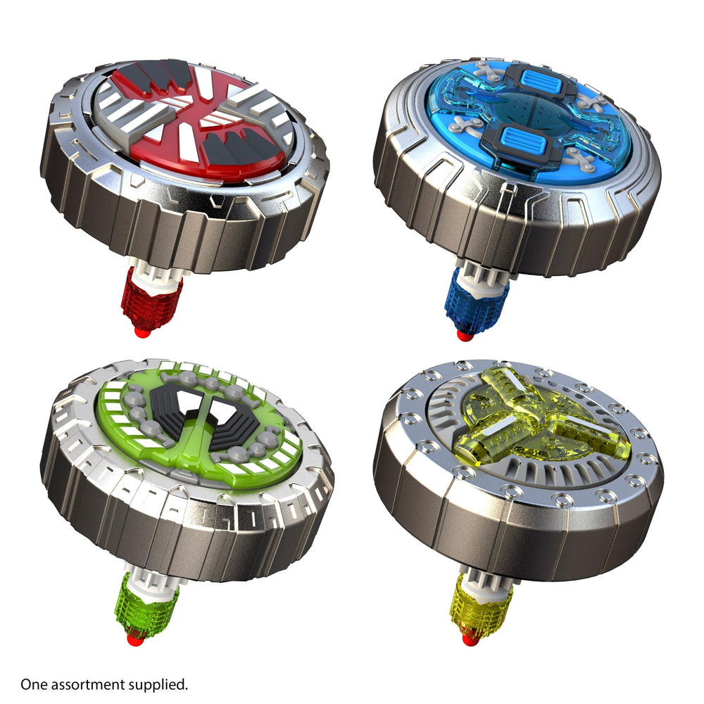 Four TP Toys Spinner M.A.D Single Shot Blasters, each with a metal body and unique colorful designs on top, are arranged against a white background.