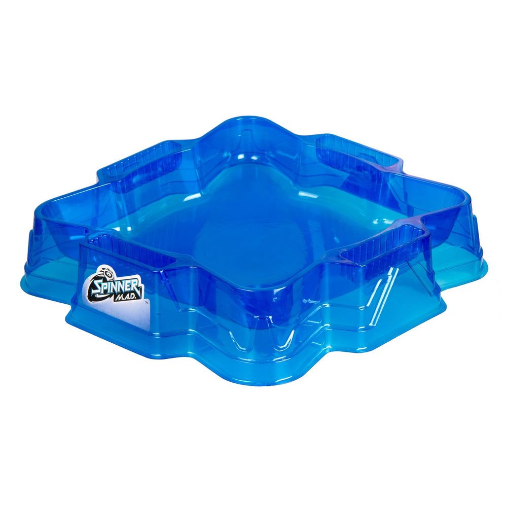 The TP Toys Spinner M.A.D Deluxe Battle Arena is a blue, star-shaped arena with raised edges, ideal for exciting spinner battles. Spinner M.A.D is displayed on the side.