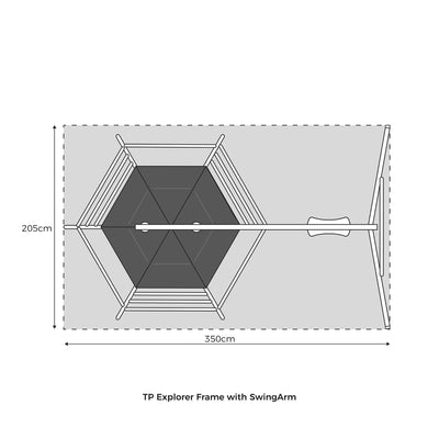 Top-down diagram of the TP Toys TP Explorer Metal Climbing Frame and Swing, showing a hexagonal frame with attached swing arm and overall dimensions of 205 cm x 350 cm.