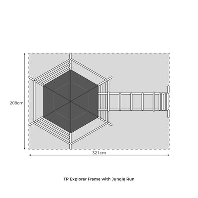 Top-down diagram of the TP Toys Explorer Metal Climbing Frame Set & Jungle Run, measuring 208 cm x 321 cm. Labeled as TP Explorer Frame with Jungle Run.
