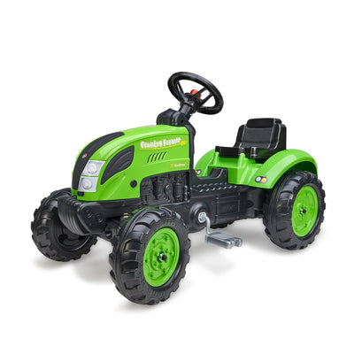 The TP Toys Falk Country Farmer Pedal Tractor with Trailer features a black seat, steering wheel, large wheels, and a customizable number plate—perfect for children.