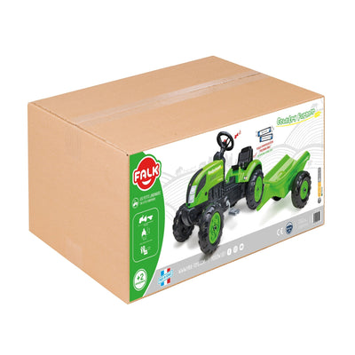 A cardboard box displays the TP Toys Falk Country Farmer Pedal Tractor with Trailer, featuring a customizable number plate and suitable for children aged 2 and up.