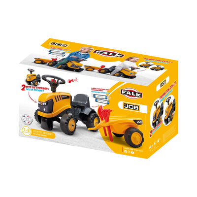 Box packaging for the TP Toys Falk Baby JCB Ride-On Tractor with Trailer, Rake & Shovel features playful images, sticker kits, and product info for ages 1-3—ideal as a baby or toddler ride-on toy.