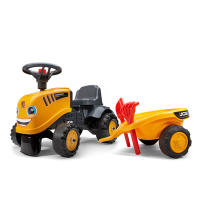 The TP Toys Falk Baby JCB Ride-On Tractor features a trailer with a rake and shovel, perfect for toddlers.