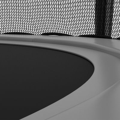 Close-up view of the TP Toys 10ft Akrobat Fenix Trampoline, highlighting its safety net’s mesh pattern, sturdy frame, and perforated jumping mat along the circular edge.