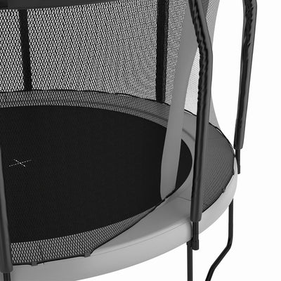 Close-up view of the TP Toys 10ft Akrobat Fenix Trampoline, featuring a perforated jumping mat, safety net enclosure, and padded poles.