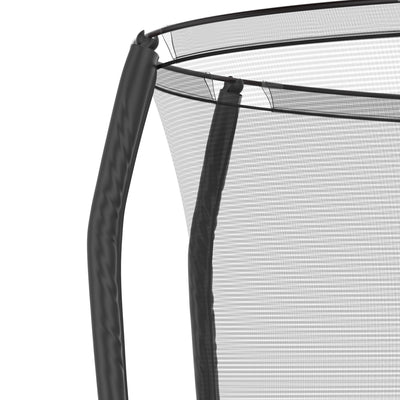 Close-up of a TP Toys 10ft Akrobat Fenix Trampoline safety net secured to vertical poles, with part of the perforated jumping mat visible below.