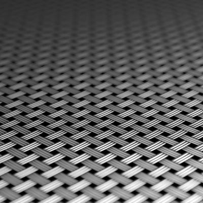 Close-up of a woven metal mesh pattern, similar to the robust perforated jumping mat on the 10ft Akrobat Fenix Trampoline by TP Toys, with interlaced strips forming a textured gray geometric surface.