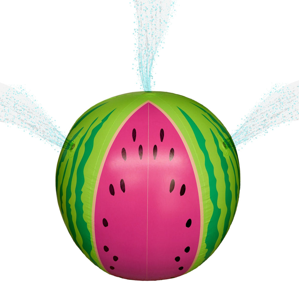 The TP Toys Hydro Watermelon Sprinkler is a large inflatable ball shaped like a watermelon that sprays water from the sides, making it a fun outdoor garden sprinkler and summer water toy.