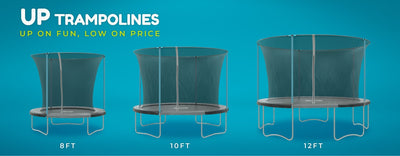 The TP Toys Up 8ft Trampoline includes a net with zip-free entry, showcased on a vibrant blue background.