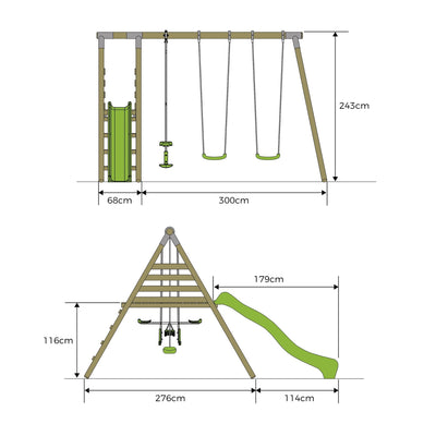Diagram of the TP Toys TP Knightswood Triple Wooden Swing & 8ft Slide Set, showing front and side views with labeled dimensions in centimeters, including a swing, rope swing, wavy slide, and climbing ladder.