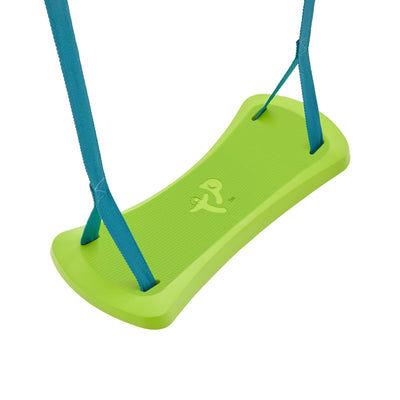 The TP Toys TP Forest Multiplay Single Wooden Swing & Slide Set features a green textured plastic swing seat with blue corner straps, ideal for wooden swing sets. FSC® certified and pictured from above on a white background.