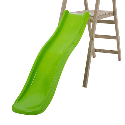The TP Toys Forest Multiplay Single Wooden Swing Set features a wavy bright green slide and a roped rapide seat, all crafted from FSC® certified wood and shown from the front.