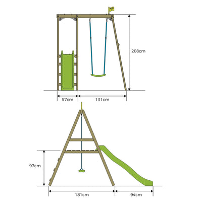 Diagram of the TP Toys Forest Multiplay Single Wooden Swing Set with Roped Rapide Seat & Slide (FSC® certified) shown in front and side views, with dimensions labeled in centimeters.