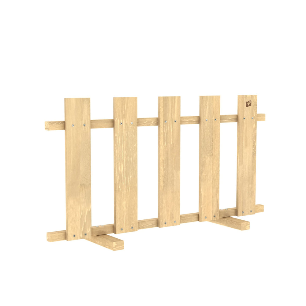 The TP Toys Wooden Picket Fence Cottage Playhouse Accessory, FSC® certified, features five vertical slats and horizontal supports—ideal as a freestanding fence or creative playhouse addition for imaginative play.