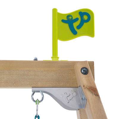 The TP Toys TP Forest Wooden Single Swing - FSC® certified features a yellow flag with blue markings, mounted on a wooden frame made from FSC-certified wood, complete with metal hardware and chain attachments.