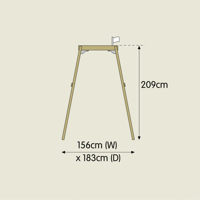 Side-view diagram of the TP Forest Wooden Single Swing by TP Toys, featuring a wooden frame (FSC® certified), measuring 209cm high, 156cm wide, and 183cm deep.