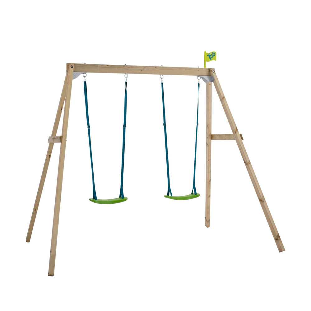 The TP Forest Wooden Double Swing by TP Toys features two green Rapide Swing Seats with blue ropes and a small green flag, all crafted from FSC®-certified pine for premium quality.