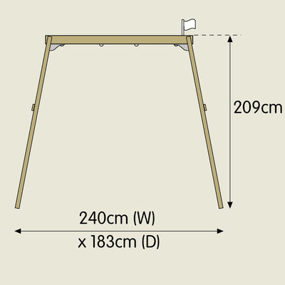 Side view diagram of the TP Forest Wooden Double Swing with Quadpod by TP Toys, made from FSC® certified wood, measuring 240 cm (W) x 183 cm (D) x 209 cm (H), shown with a small flag on top.