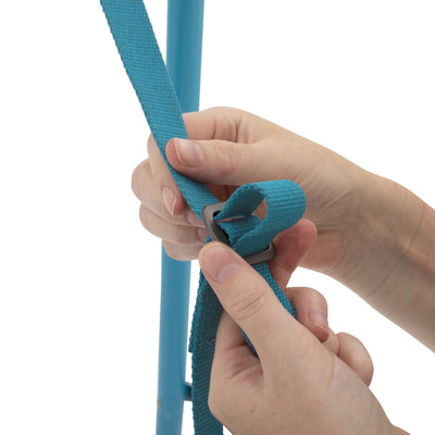 Two hands threading a blue strap through a metal buckle, with a blue pole in the background—perfect for assembling Rapide Swing Seats on your TP Toys TP Forest Wooden Double Swing- FSC® certified.