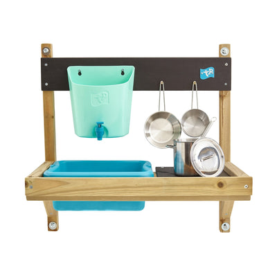 The TP Toys TP Hideaway Wooden Playhouse with Mud Kitchen (FSC® certified) features a blue sink, blue water dispenser, and metal toy pots and pans—perfect for outdoor kitchens or wooden playhouses.