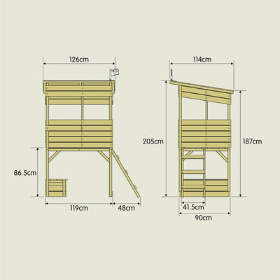 Technical drawing of the TP Treetops Wooden Tower Playhouse with Toy Box by TP Toys, FSC® certified, showing two storey design with ladder and detailed front and side measurements in centimeters.