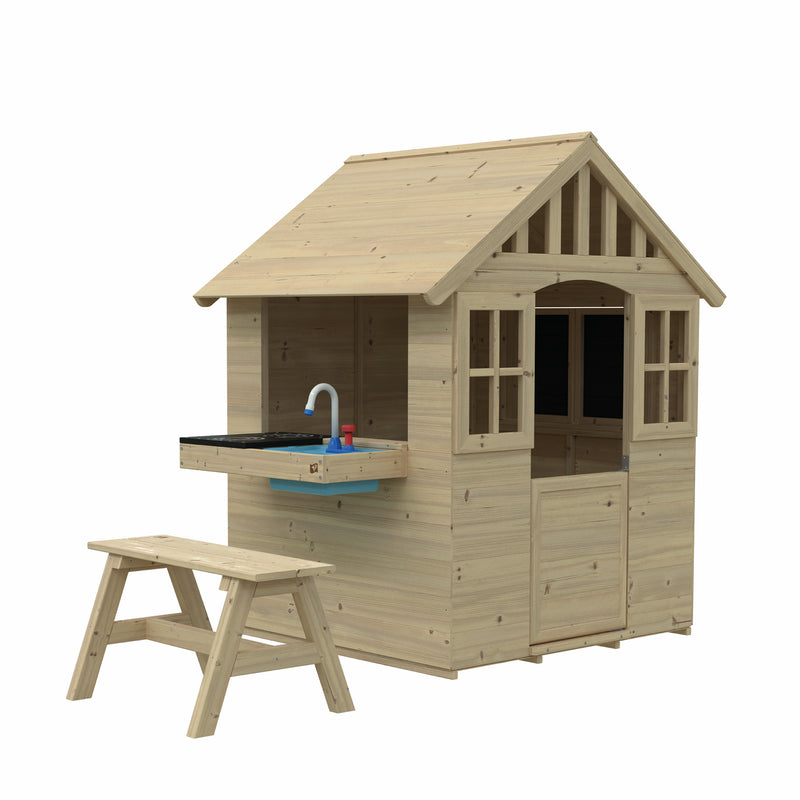 Dandelion Cottage Playhouse with Mud Kitchen, Table & Bench and Shutters - FSC<sup>&reg;</sup> certified