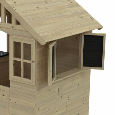 A close-up of the TP Toys Dandelion Cottage Playhouse with Mud Kitchen, Table & Bench and FSC® certified wood, showing a window with open shutters and part of its pitched roof.