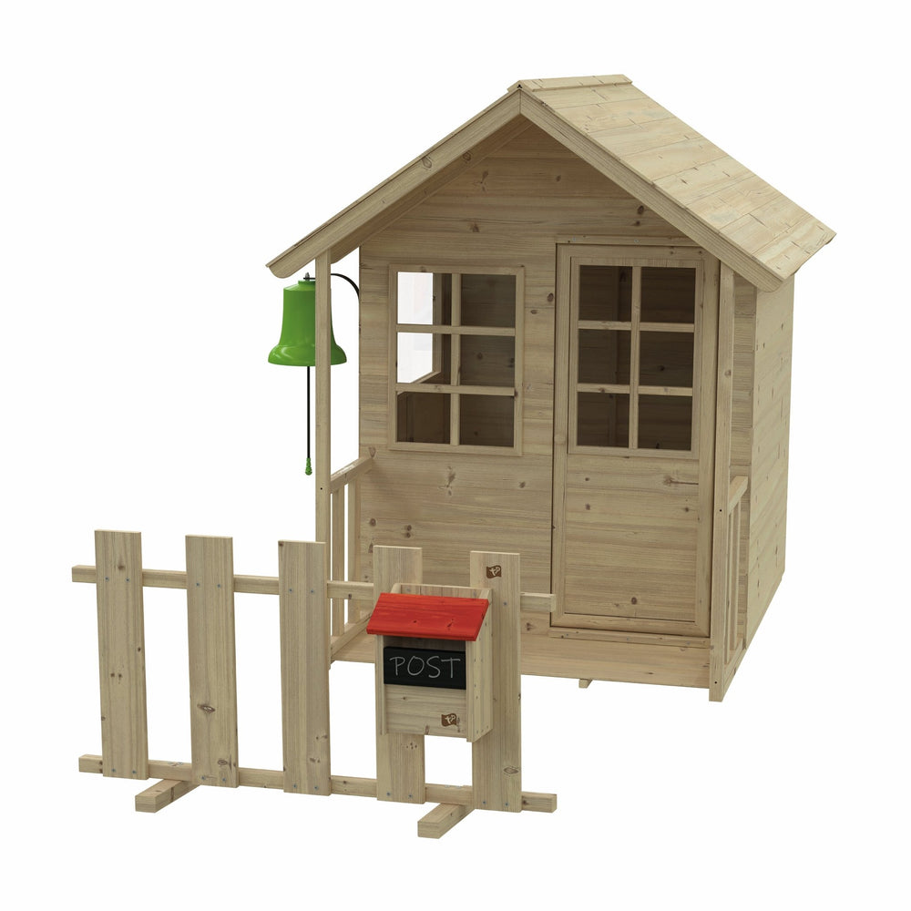 The TP Toys Lavender Cottage Playhouse features FSC® certified wood, a pitched roof, windows, front door, picket fence, green bell by the entrance, and a red POST mailbox—perfect for imaginative play.