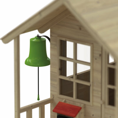 The TP Toys Lavender Cottage Playhouse with Bell, Postbox & Picket Fence (FSC® certified) features a green pull-string bell by the window, inviting imaginative play.
