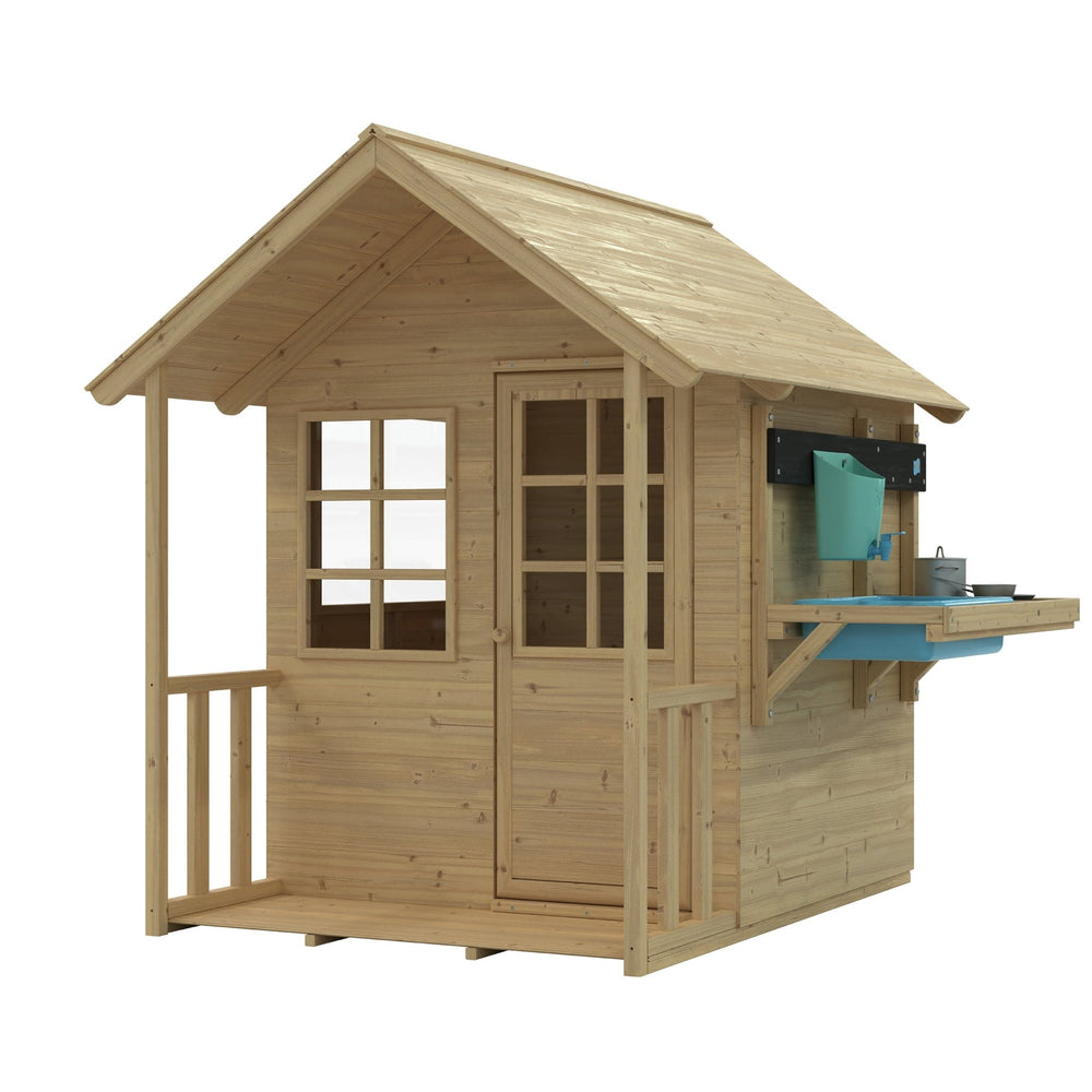 The TP Toys Lavender Cottage Playhouse with Deluxe Mud Kitchen Accessory (FSC® certified) features a front porch, window, door, and attached mud kitchen—ideal for imaginative play.