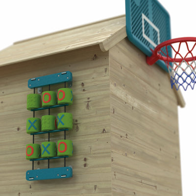 The TP Toys Foxglove Cottage Playhouse features a nought & crosses game with green cubes and a blue and red basketball hoop on the side, inspiring imaginative play for kids. It is made with FSC® certified wood.