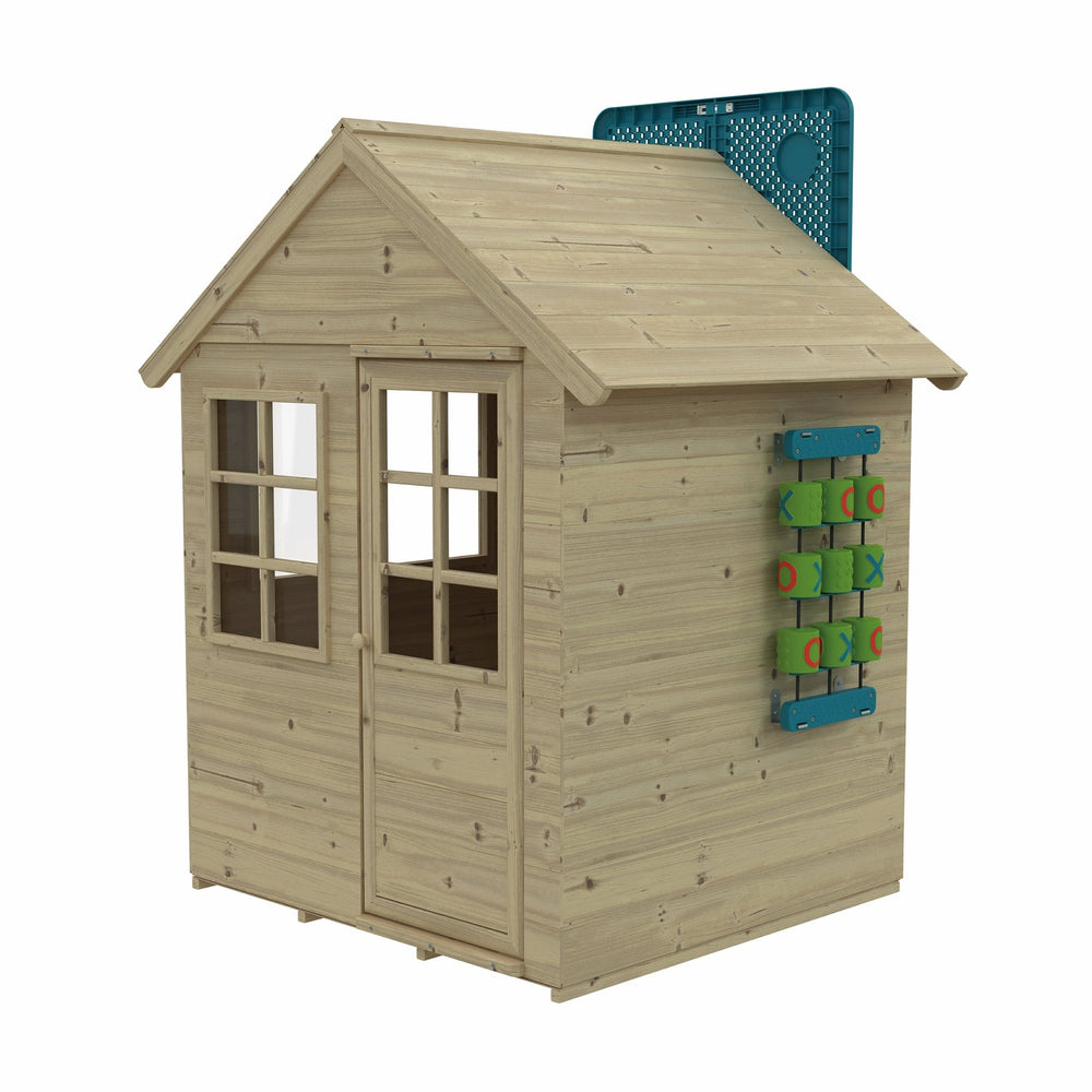 The TP Toys Foxglove Cottage Playhouse features a pitched roof, two windows, a door, nought & crosses game for imaginative play, plus a blue basketball hoop on the back. Made from FSC® certified wood for safe outdoor fun.