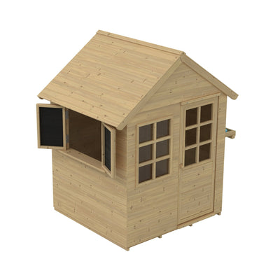 The TP Toys Foxglove Cottage Playhouse with Early Fun Mud Kitchen Accessory and Shutters is crafted from FSC® certified wood and features a sloped roof, two windows (one open, one closed), and a door with windowpanes.