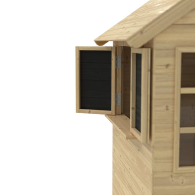 Close-up of the TP Toys Foxglove Cottage Playhouse with Early Fun Mud Kitchen Accessory and shutters, crafted from FSC® certified wood—showing part of the roof and two windows, one open and one closed.