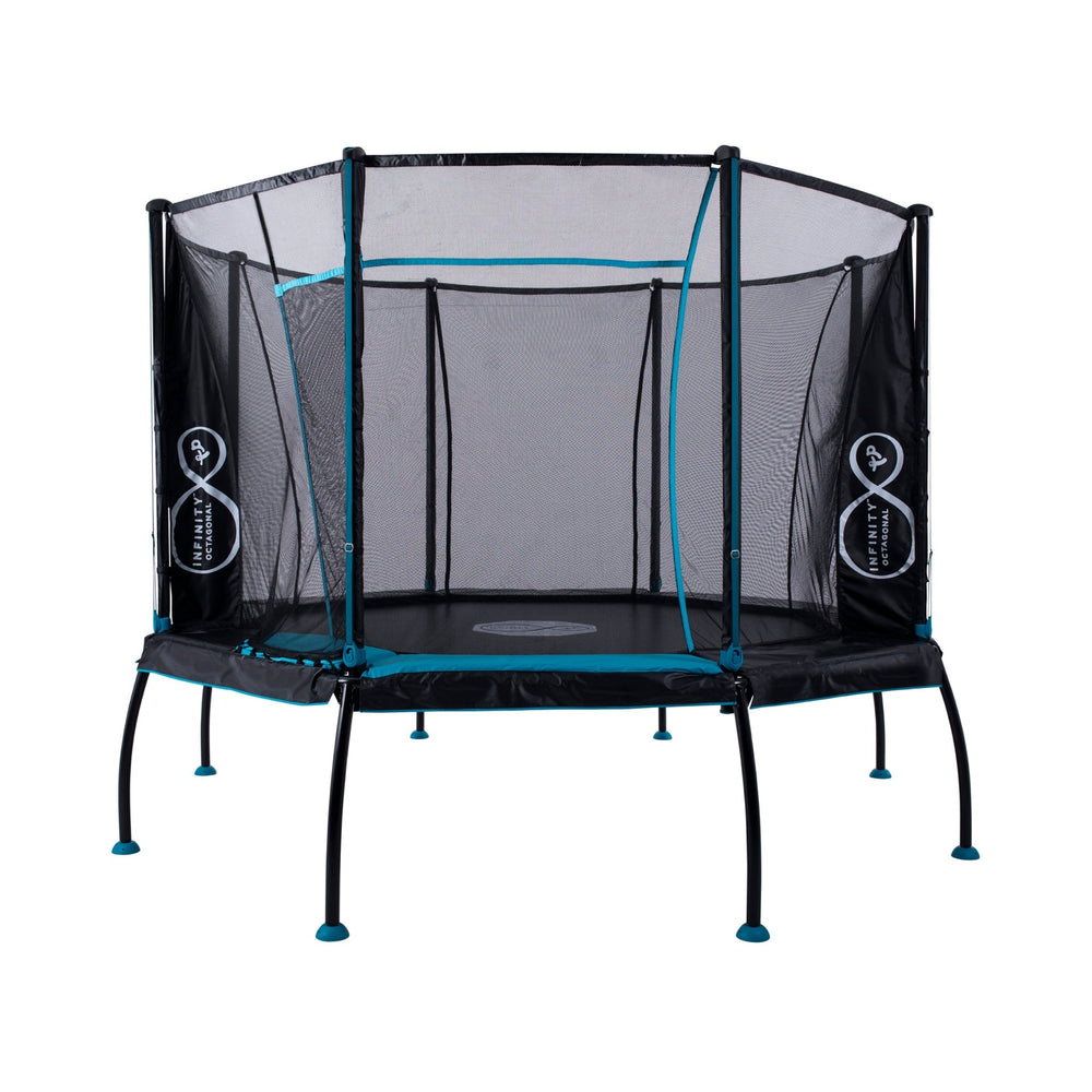 The TP Toys Infinity Octagonal 10ft Trampoline is black and blue, featuring safety netting and six curved support legs for safe bouncing.