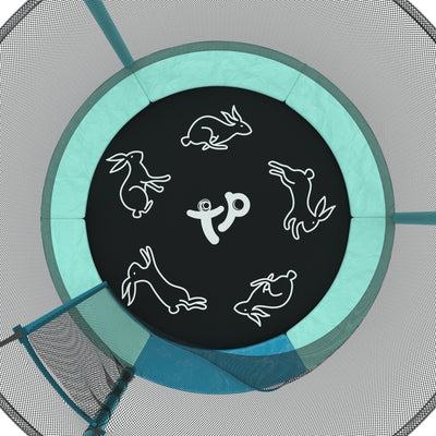 Top-down view of the TP Toys TP UP 4.5ft Junior Trampoline with teal padding, six white rabbit graphics, and a central logo on the black mat—ideal for kids and featuring a safe, zip-free IGLOO door.