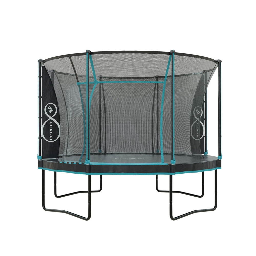 The TP Toys 12ft Infinity Round Trampoline features a safety net enclosure, black jumping mat, blue padding, and a black frame for exceptional bounce performance and enhanced safety during outdoor play.