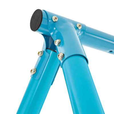 Close-up of the blue powder coated steel frame joint with bolts and black plastic end cap, showing the sturdy build of the TP Toys Deluxe Single Metal Swing with Pirate Boat Seat.
