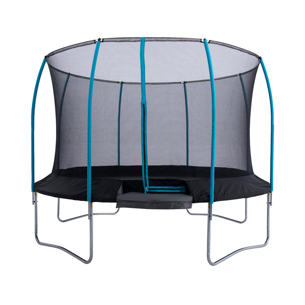 The TP Challenger® 8 ft Trampoline by TP Toys features a galvanized steel frame, patented SurroundSafe enclosure, blue poles, and sturdy metal legs for top safety—perfect for outdoor fun against a white background.