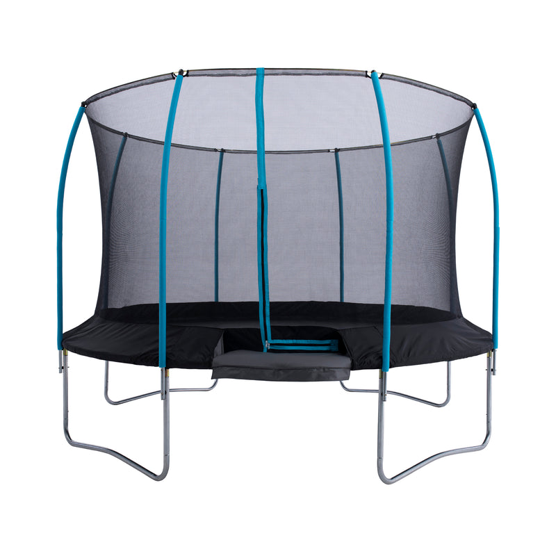 The TP Challenger® 8 ft Trampoline by TP Toys features a galvanized steel frame, patented SurroundSafe enclosure, blue poles, and sturdy metal legs for top safety—perfect for outdoor fun against a white background.