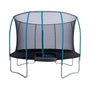 The TP Challenger® 8 ft Trampoline by TP Toys features a galvanized steel frame, patented SurroundSafe enclosure, blue poles, and sturdy metal legs for top safety—perfect for outdoor fun against a white background.
