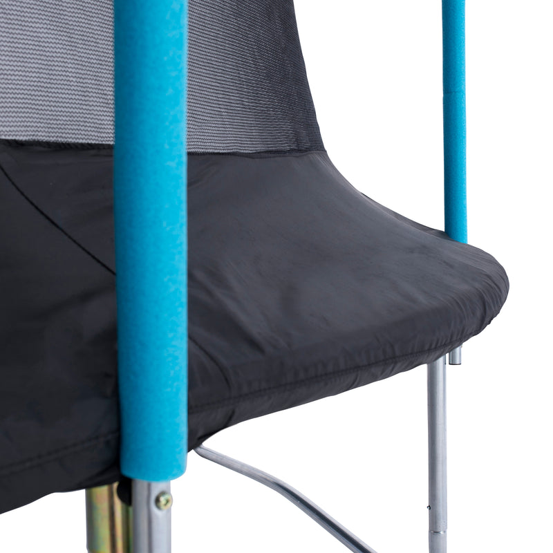 Close-up of the TP Toys TP Challenger® 8 ft Trampoline featuring blue foam-covered poles, patented SurroundSafe enclosure, black jumping surface, and a galvanized steel frame for enhanced safety against a white background.