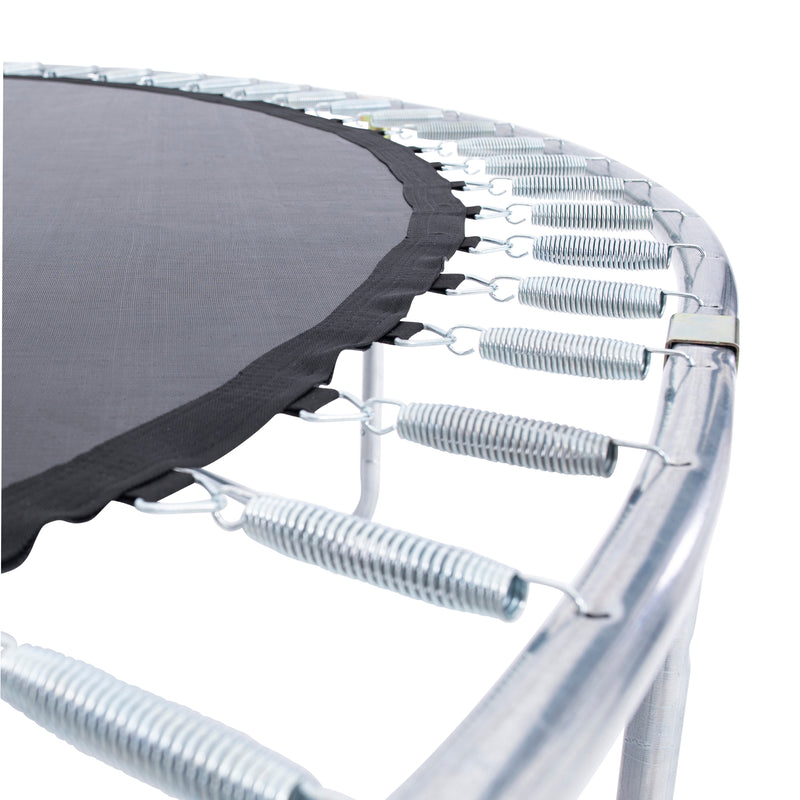 Close-up of the TP Challenger® 8 ft Trampoline by TP Toys, showing its galvanised steel frame, springs, and black jumping mat edge—features designed to enhance safety.