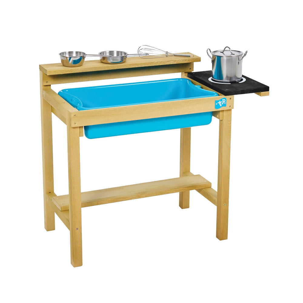 The TP Early Fun Wooden Mud Kitchen by TP Toys features a blue plastic sink, black side counter, and stainless steel pans, pots, and utensils neatly arranged on the top shelf. Made from FSC® certified wood.