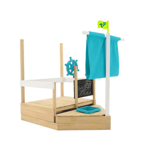 The TP Toys Ahoy Wooden Playboat - FSC® certified features a pirate boat shape, blue fabric sail, ship wheel, green flag, and built-in bench—ideal for imaginative sand and water play adventures.