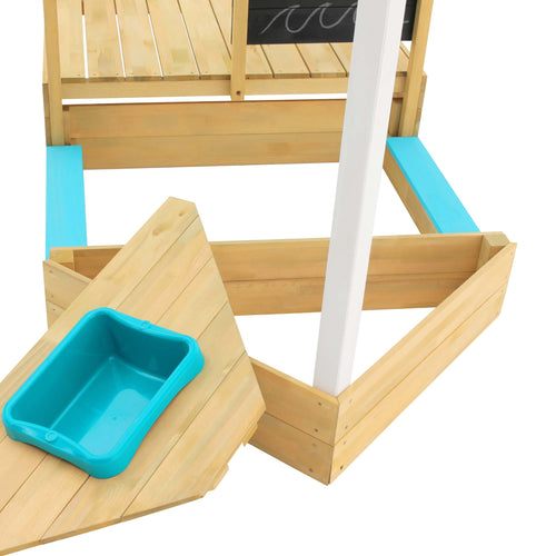 The TP Toys Ahoy Wooden Playboat - FSC® certified features a white upright post, corner sandbox for sand and water play, turquoise trim, and a matching turquoise plastic container.