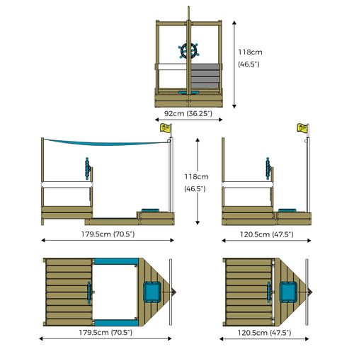 Diagram of the TP Toys Ahoy Wooden Playboat - FSC® certified, with labeled dimensions: 118cm high, 92cm wide, 179.5cm long, and 120.5cm deep. Features a bench, steering wheel, flag, and canopy—ideal for pirate adventures, sand & water play.