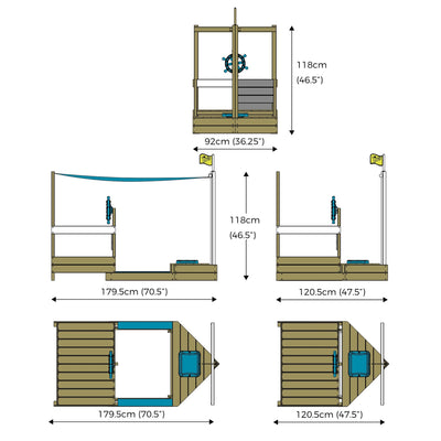 Diagram of the TP Toys TP Ahoy Wooden Playboat with Dig & Explorer Accessory Kit—FSC® certified—showing four views, dimensions (118cm H, 92cm W, 179.5/120.5cm L), steering wheel, and flag for imaginative sand and water play.